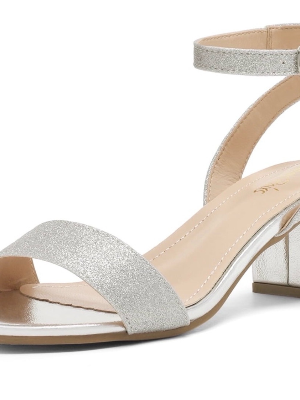 Silver Glitter Block Heel Sandals with Ankle Strap - Picture 1 of 6
